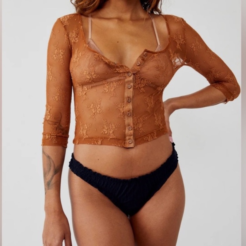 Free People Rust Sheer Lace Button Front Crop Top